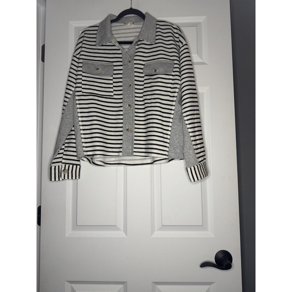 Hem And Thread Large Button Down Crop Shacket Jacket Gray Black Cream Stripe